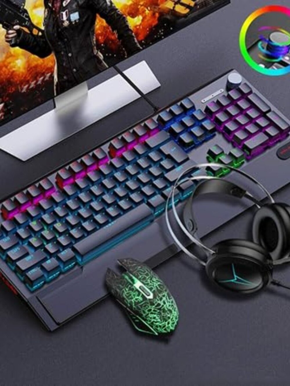 3 IN 1 Multimedia Knob Mechanical Gaming Keyboard Set (Black/Rainbow Backlit/9W1